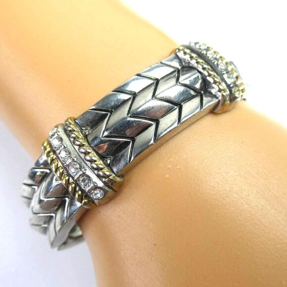 Two Tone Gold Silver Hinged Bangle Bracelet Clear Rhinestone Detailed Solid - Picture 1 of 8